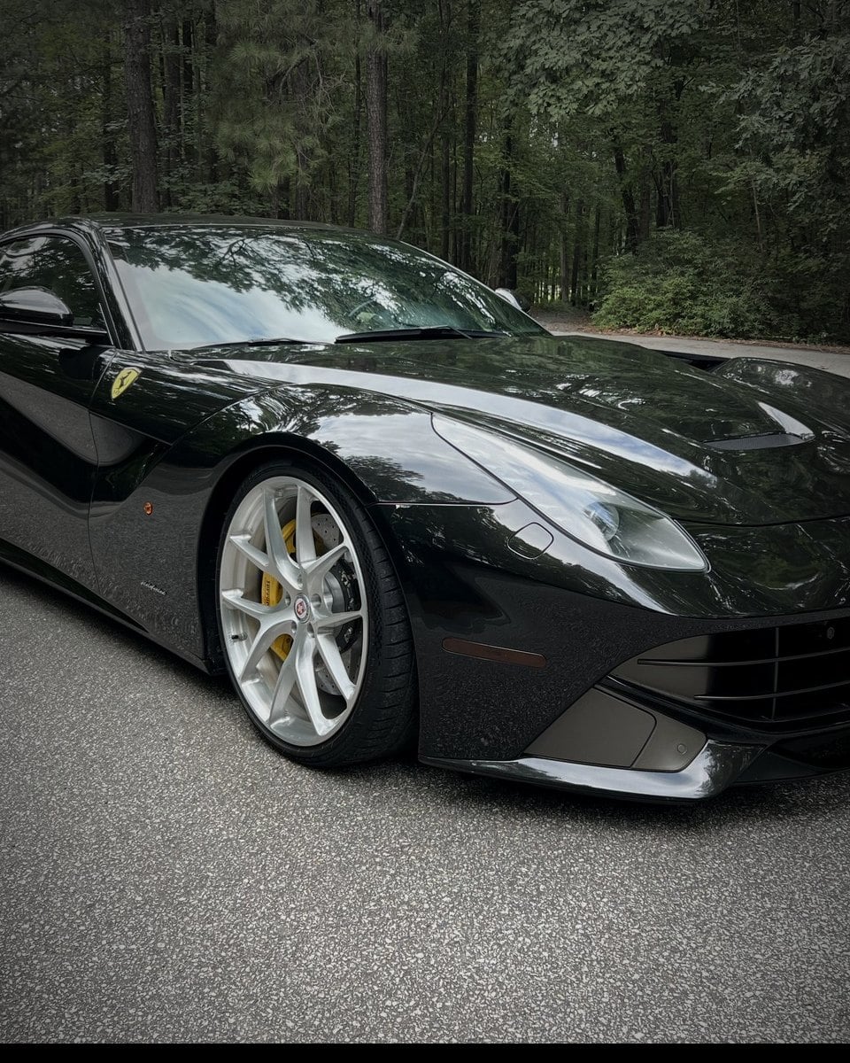 Front three quarter of the Nero F12 Berlinetta on HRE forged wheels